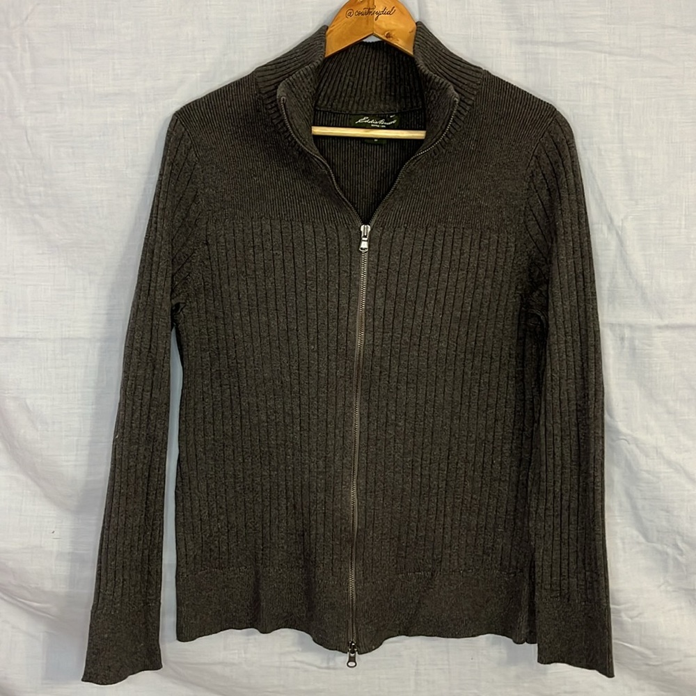 Eddie Bauer Dark Gray Zip Front Cotton Ribbed Cardigan Sweater in 1X (16/18)